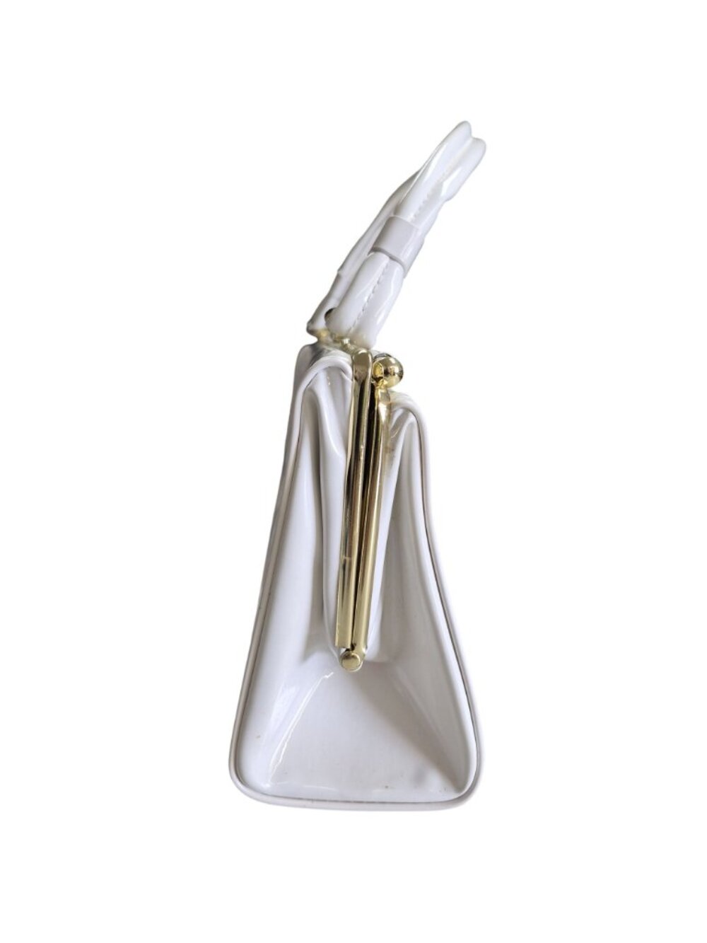 Retro White Shiny Vinyl Handbag Gold Frame Top Handle Clutch Purse Bag - Picture 2 of 10
